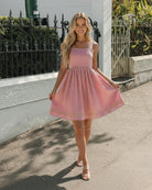 Women's pink floral print mini dress, the Elesha Pink Print Dress by Esther & Co