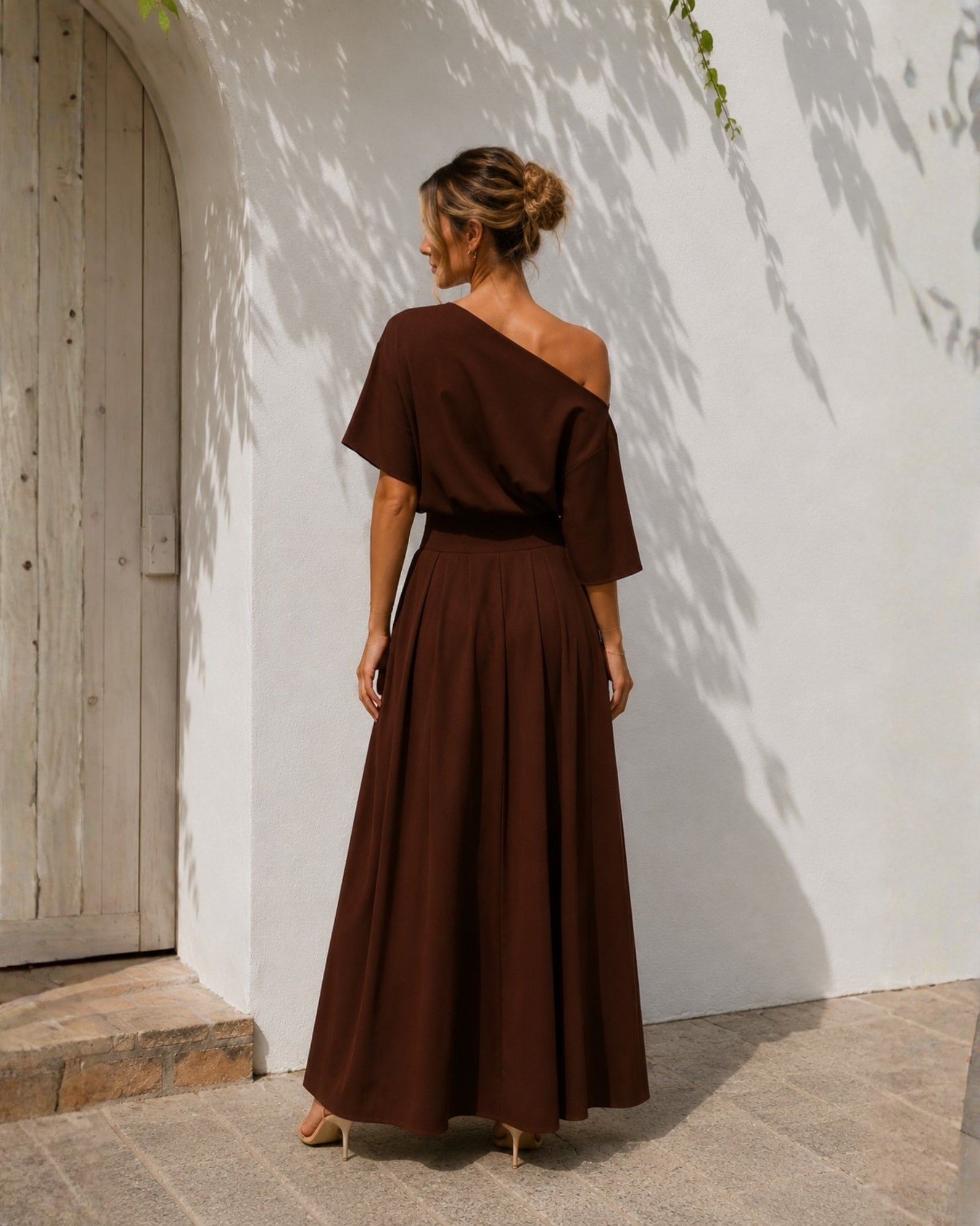 Women's brown boat neck cotton maxi dress, the Emmanuelle Dress in Brown by Esther & Co