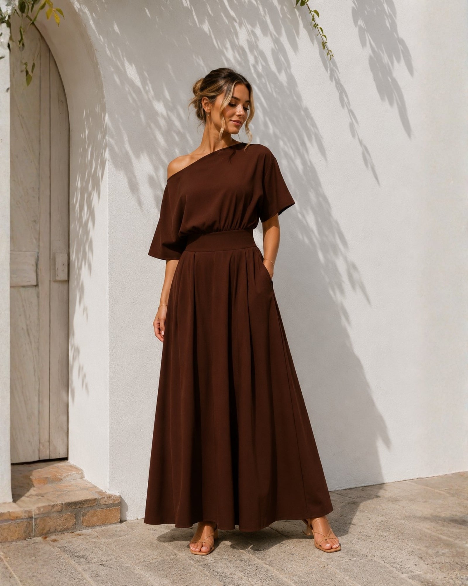 Women's brown boat neck cotton maxi dress, the Emmanuelle Dress in Brown by Esther & Co