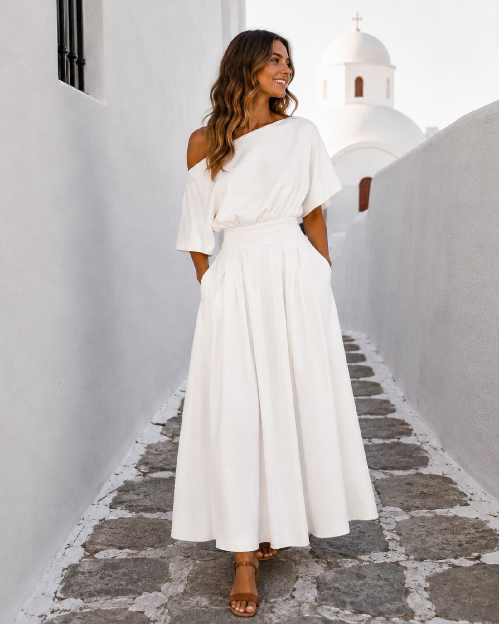 Women's white one shoulder maxi dress, the Emmanuelle Dress in White by Esther & Co