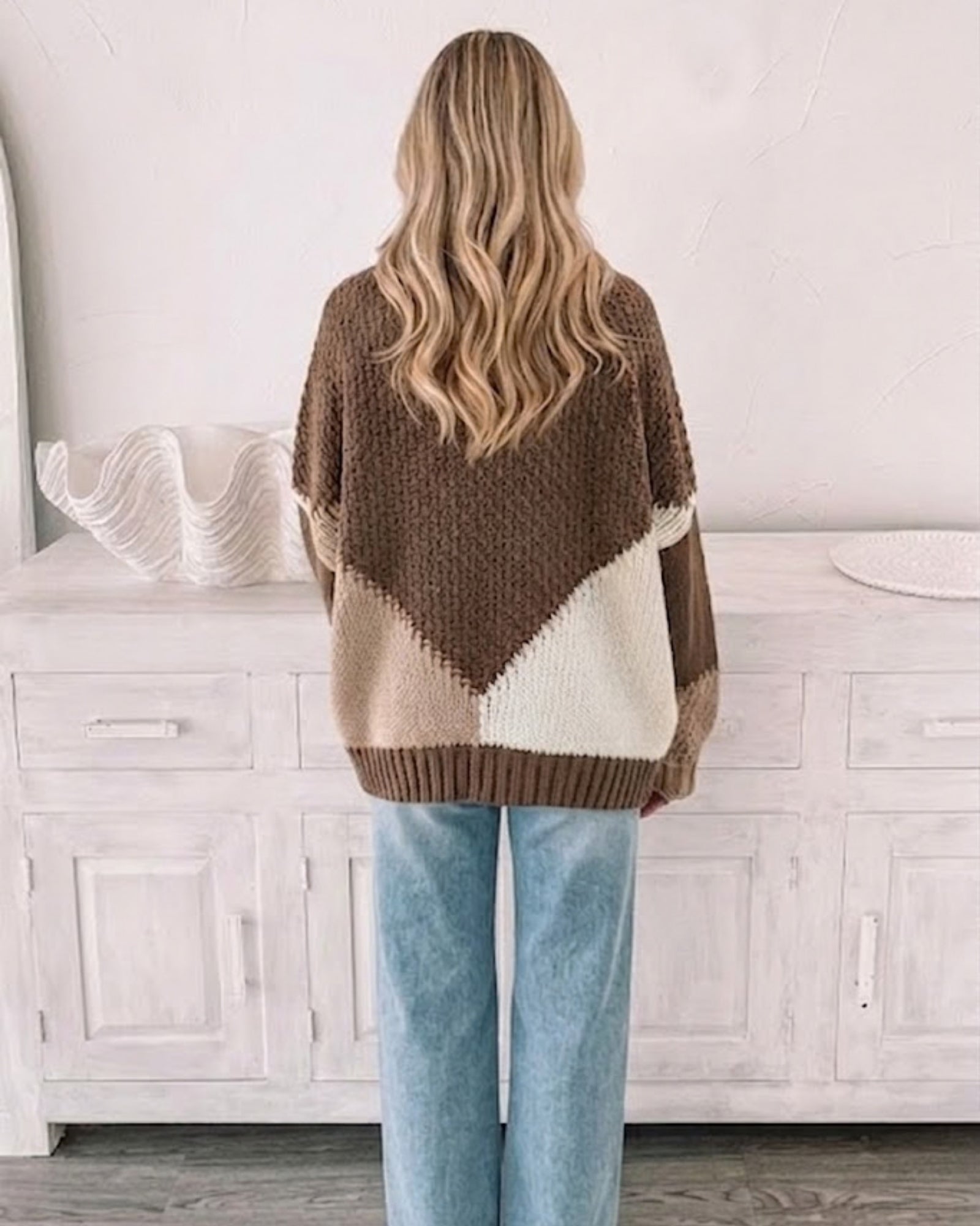 Back view of the women's cream multi colour block knit cardigan by Esther & Co