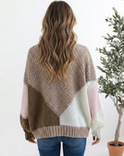 Back view of the women's latte colour block knit cardigan by Esther & Co