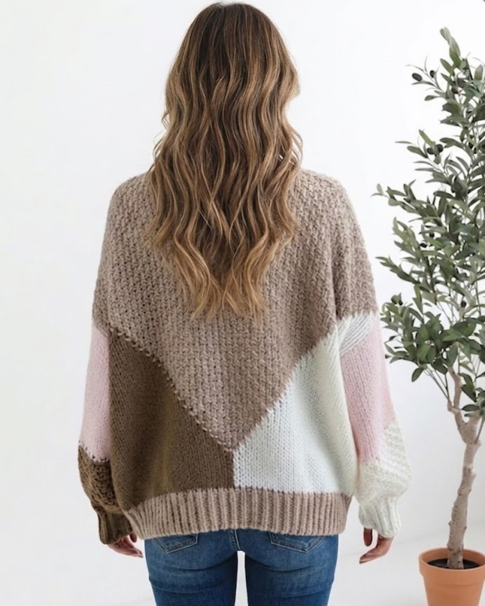 Back view of the women's latte colour block knit cardigan by Esther & Co