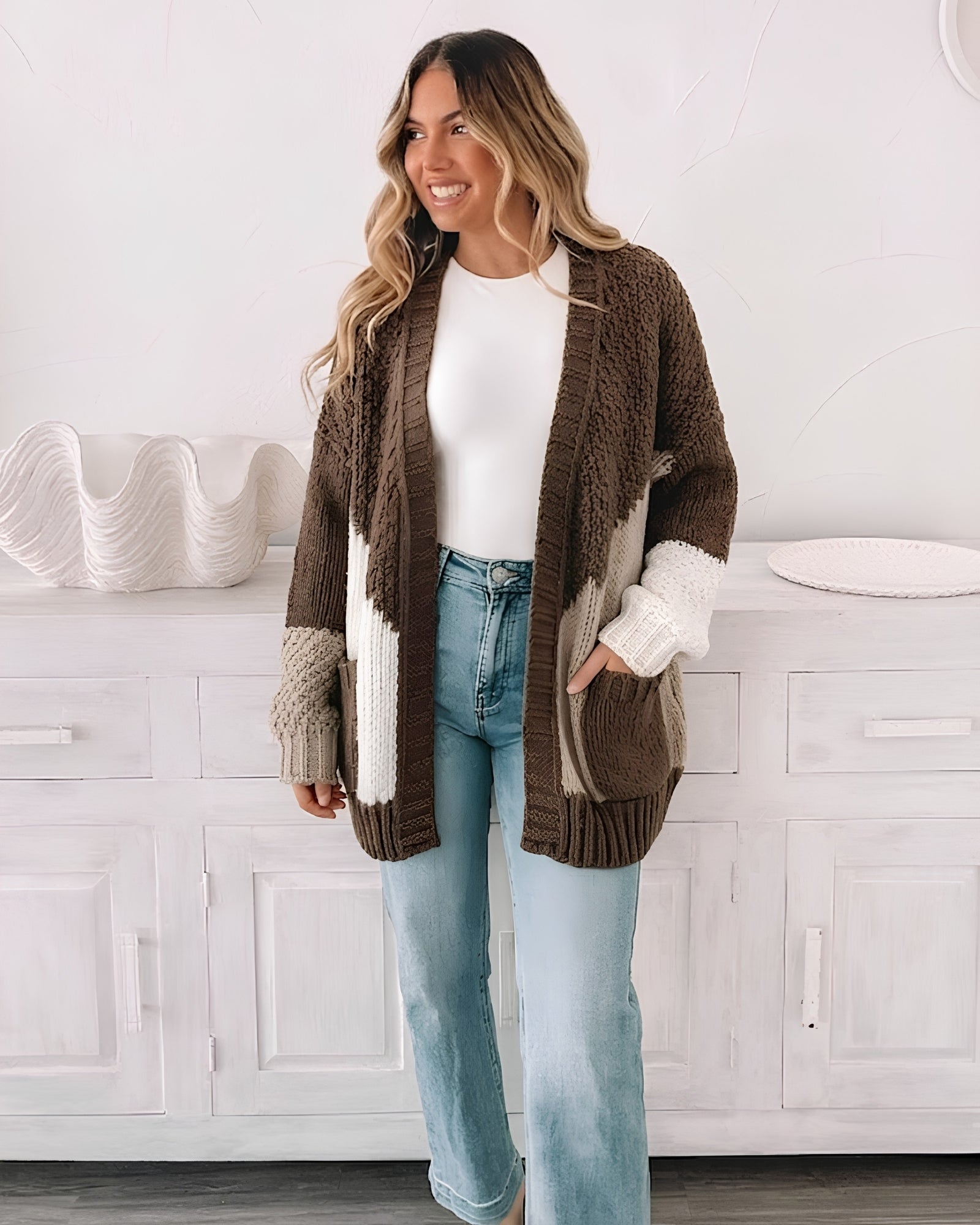 Women's cream multi chunky open front cardigan with geometric colour block pattern, the Felisha Knit in Cream Multi by Esther & Co