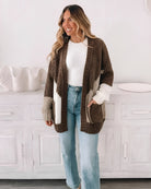 Women's cream multi chunky open front cardigan with geometric colour block pattern, the Felisha Knit in Cream Multi by Esther & Co