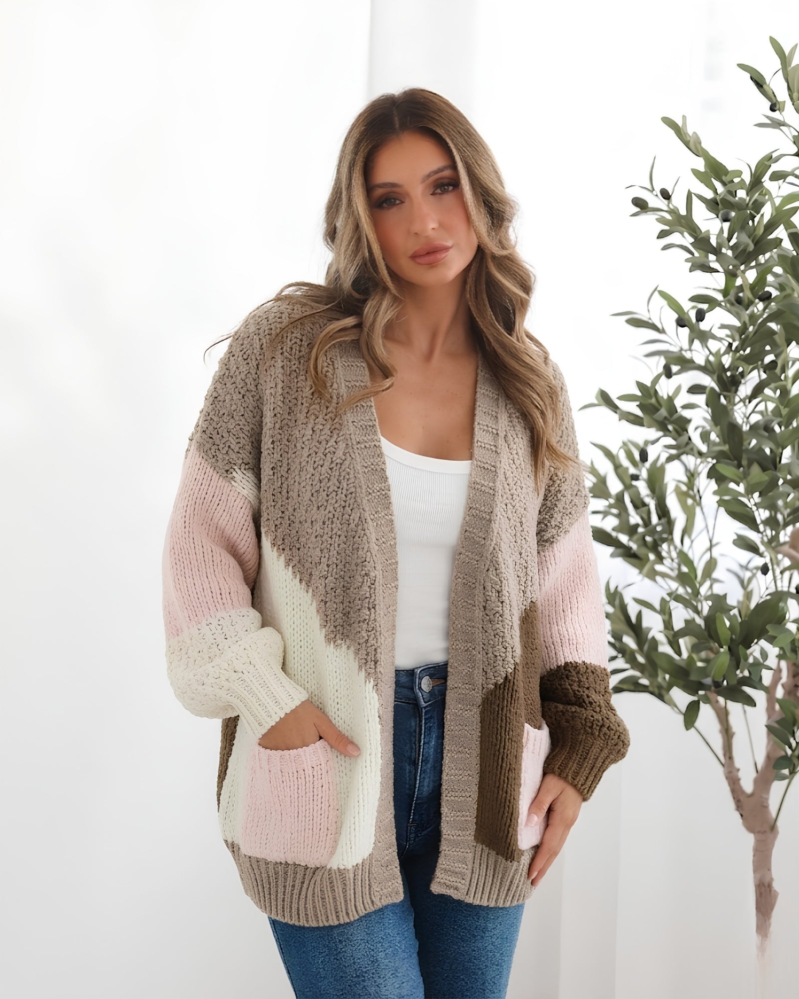 Women's latte chunky open front cardigan with geometric colour block pattern, the Felisha Knit in Latte by Esther & Co