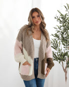 Women's latte chunky open front cardigan with geometric colour block pattern, the Felisha Knit in Latte by Esther & Co