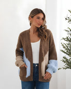 Women's mocha chunky open front cardigan with geometric colour block pattern, the Felisha Knit in Mocha by Esther & Co