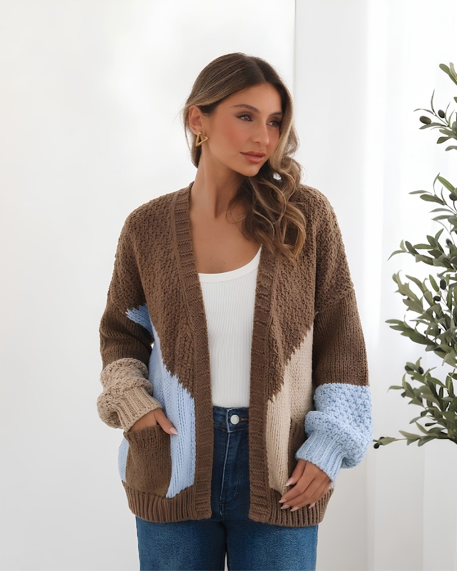 Women's mocha chunky open front cardigan with geometric colour block pattern, the Felisha Knit in Mocha by Esther & Co