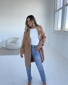 Fireplace Coat in Camel womens camel knit trench coat styled outfit