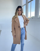 Fireplace Coat in Camel camel open-front knit coat with faux leather cuffs side view