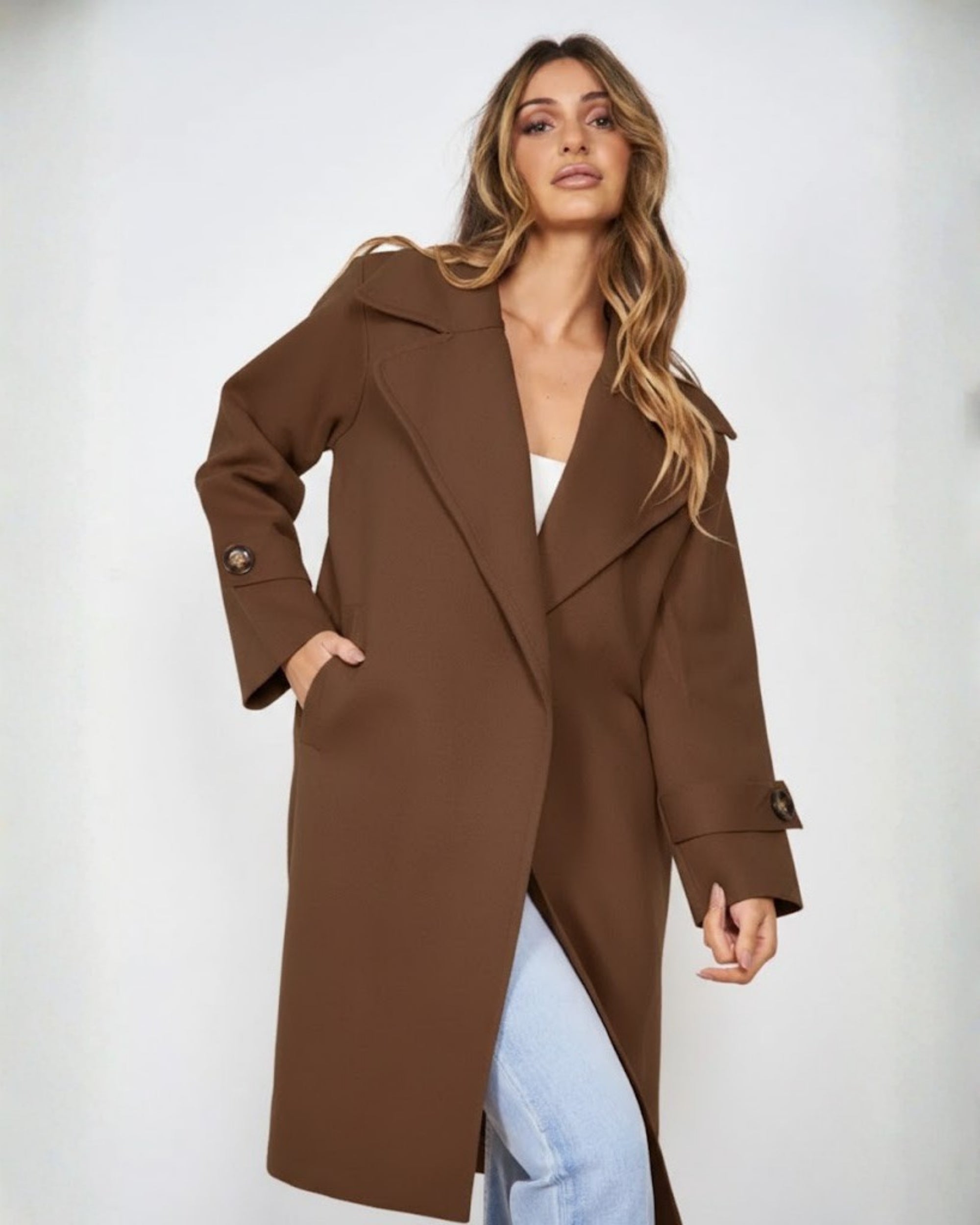 Fireplace Coat in Mocha womens knit trench coat in rich mocha front view