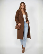 Fireplace Coat in Mocha womens mocha knit trench coat styled outfit