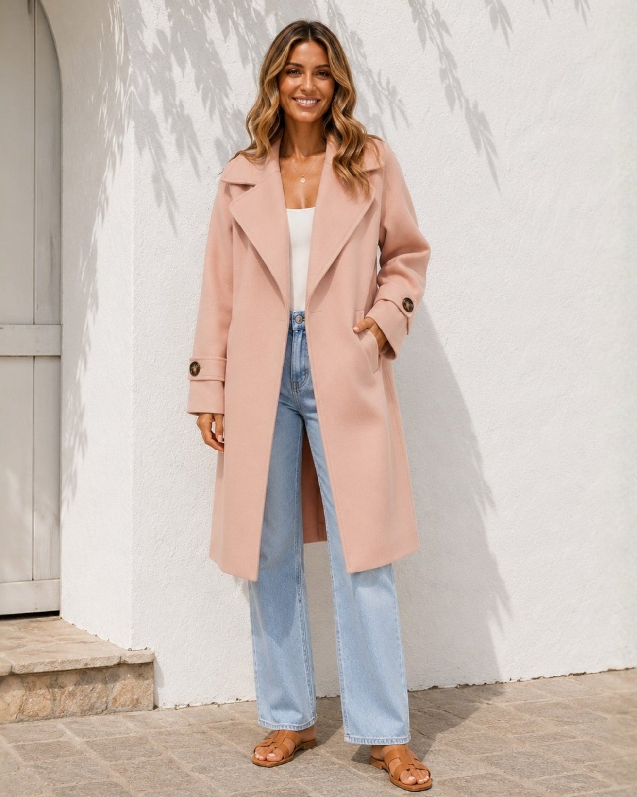 Women's soft pink open front knit trench coat, the Fireplace Coat in Pink by Esther & Co