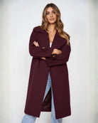 Fireplace Coat in Plum womens knit trench coat in deep plum front view
