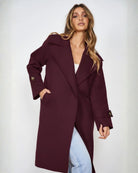 Fireplace Coat in Plum womens plum knit trench coat styled outfit back view