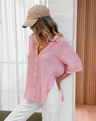 Fraise Top in Pink pink linen blouse with collar neckline styled outfit