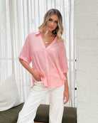 Fraise pink relaxed linen blouse, styled view