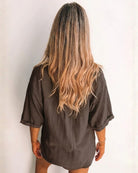 Fraise cocoa linen blouse with V neckline and button front, styled view