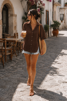 Women's cocoa linen blouse side view by Esther & Co