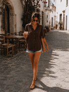 Women's cocoa linen blouse styled outfit by Esther & Co