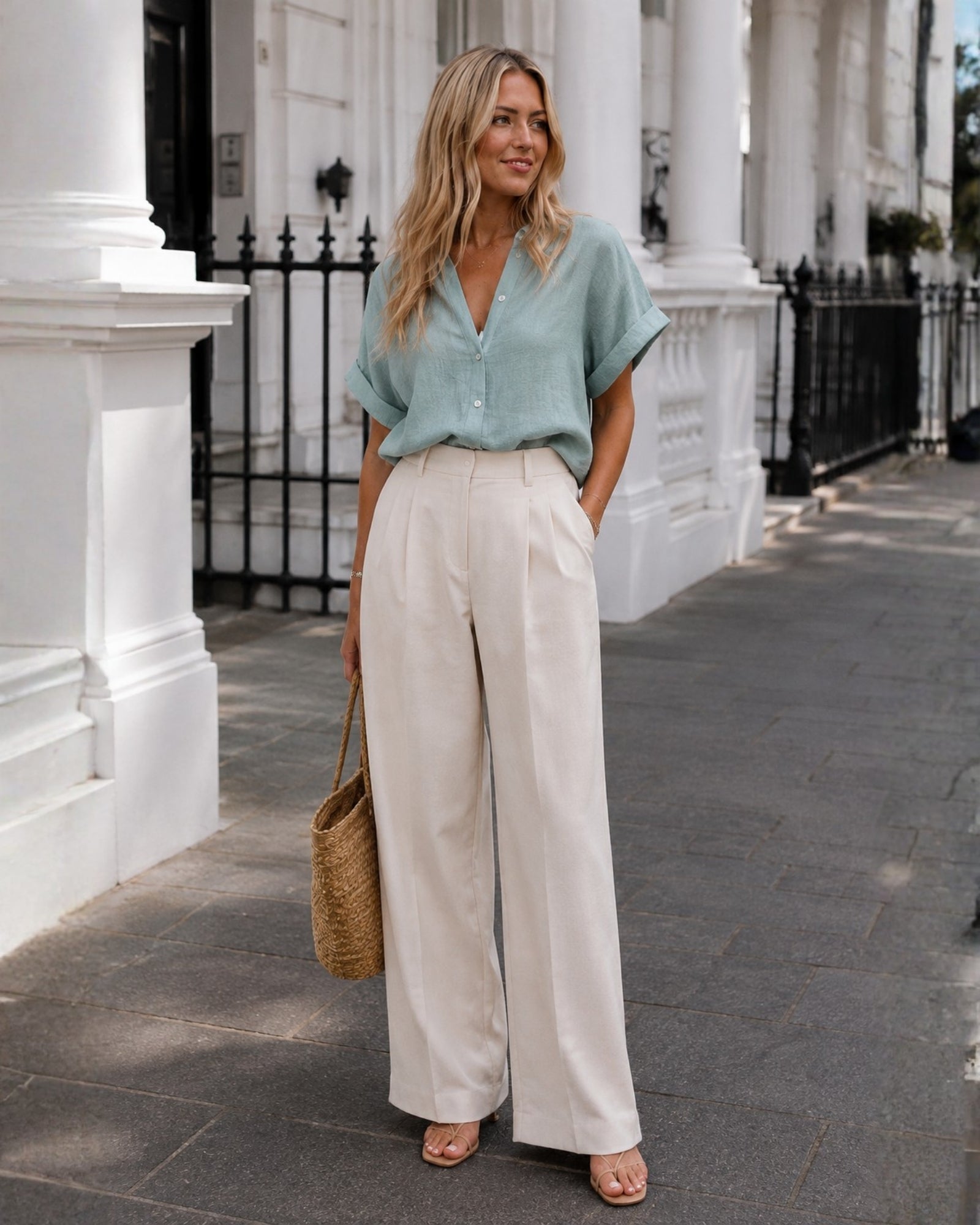 Women's faded teal relaxed linen blouse, the Fraise Top in Faded Teal by Esther & Co
