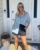 Fraise Top in Faded Teal womens faded teal linen blouse styled look
