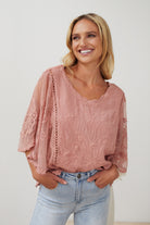 Gabrielle Top in Pink clay pink lace embroidery blouse full length
