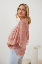 Gabrielle Top in Pink pink lace embroidery blouse back view