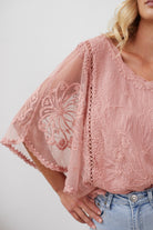 Gabrielle Top in Pink womens pink lace blouse close up detail