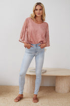 Gabrielle Top in Pink pink linen blend lace blouse relaxed fit