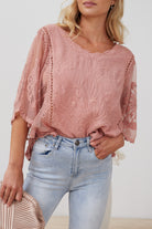 Gabrielle Top in Pink womens clay pink lace blouse styled look
