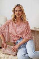 Gabrielle Top in Pink pink lace embroidery blouse side view