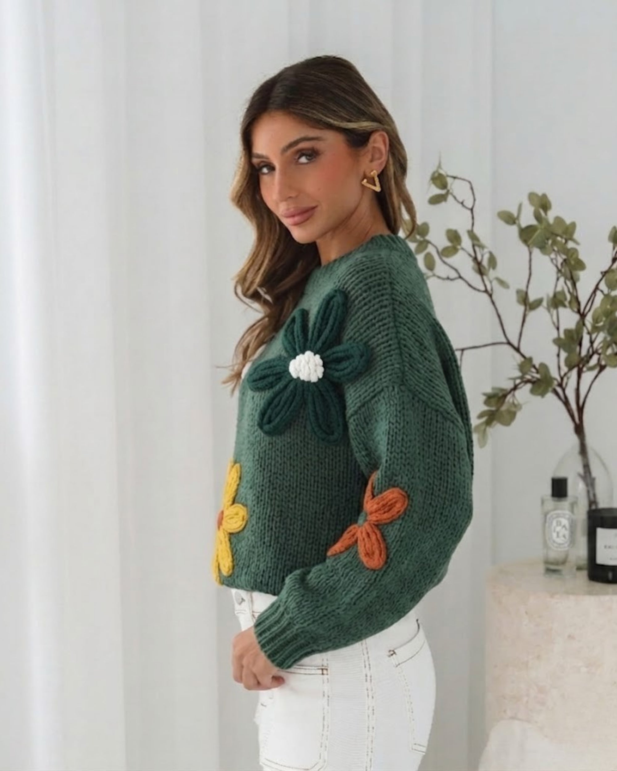 Garena Knit in Khaki Print womens khaki floral applique knit jumper styled outfit