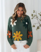 Garena Knit in Khaki Print womens floral applique knit jumper in khaki front view