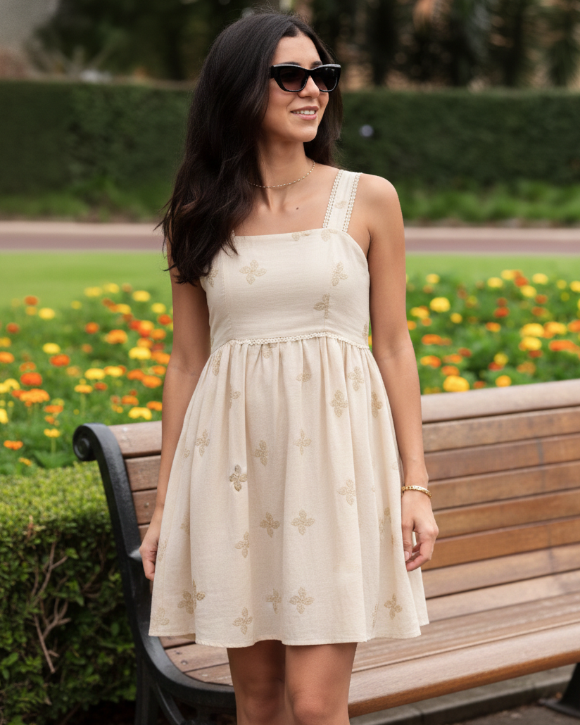 Women's beige floral print mini dress, the Mckenna Beige Print Dress by Esther & Co