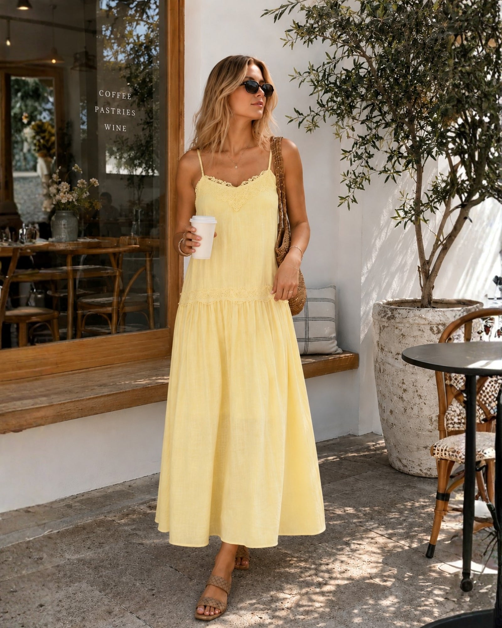 Women's pastel yellow lace detail midi dress, the Glynnis Dress in Primrose Yellow by Esther & Co
