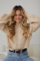 Hadi Knit in Beige beige acrylic knit jumper with high round neckline side view