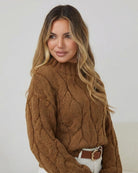 Hadi Knit in Cinnamon womens cinnamon chunky cable knit jumper styled outfit