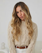 Hadi Knit in Latte latte cable knit jumper with crew neckline front view