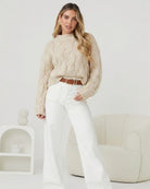 Hadi Knit in Latte latte cable knit women's jumper full length view