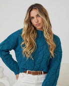 Hadi Knit in Teal teal round neck knit jumper full length view