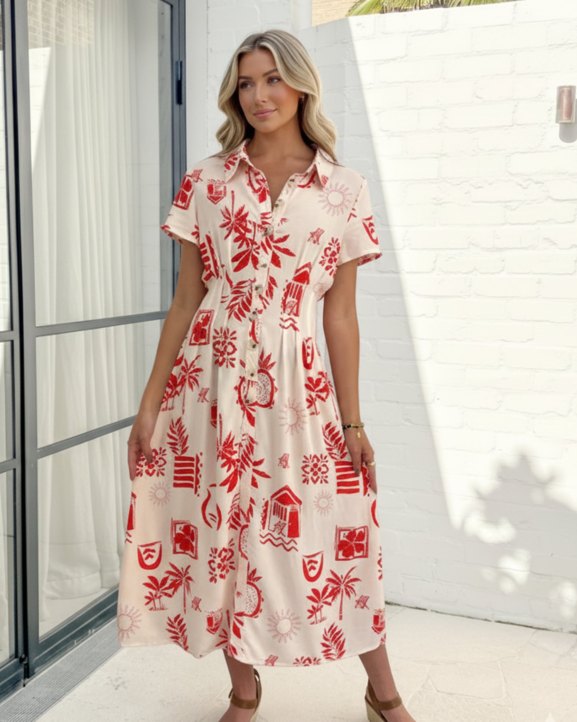 Women's cream tropical print shirt dress, the Hanae Cream Multi Dress by Esther & Co