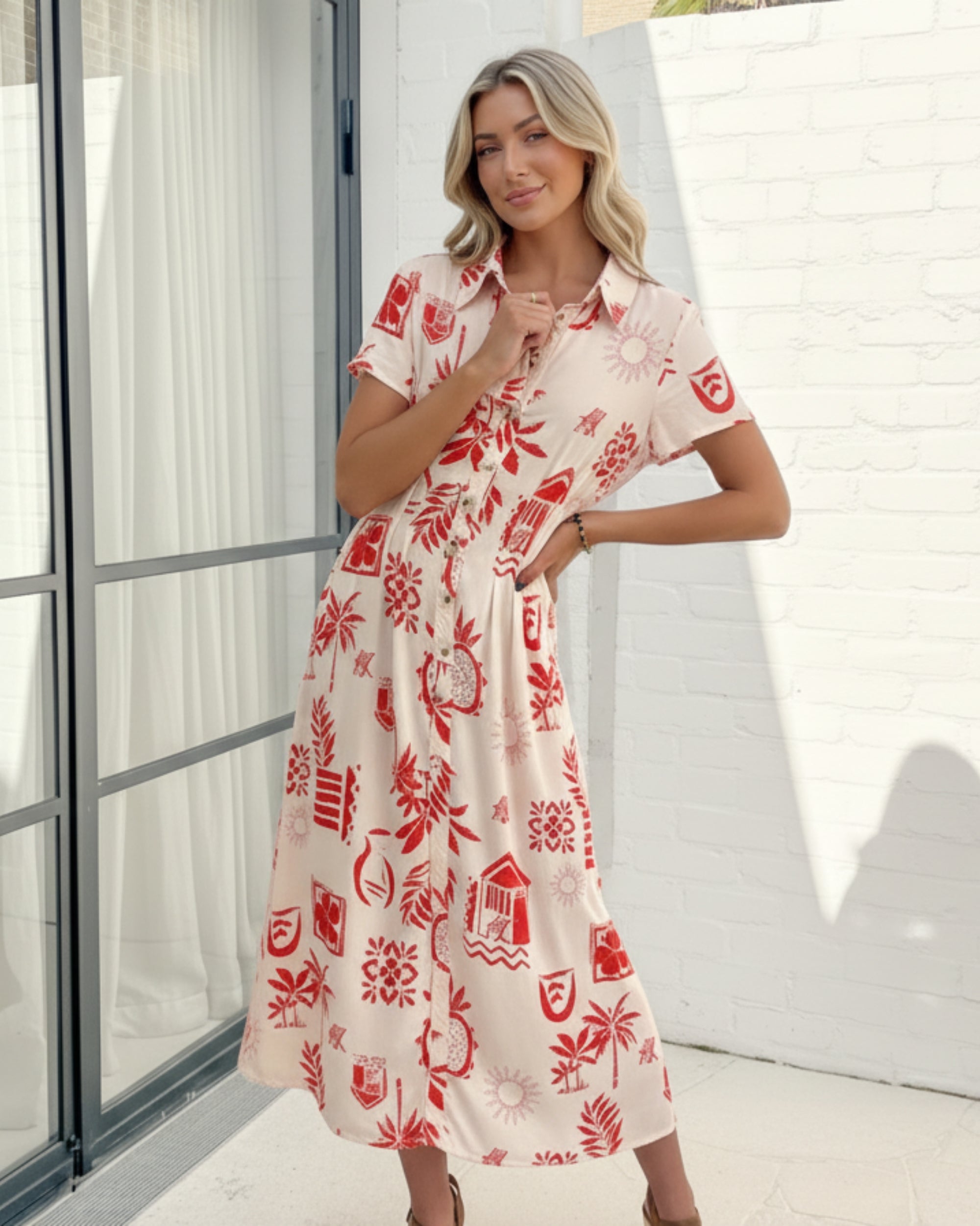 Women's cream tropical print shirt dress styled outfit by Esther & Co