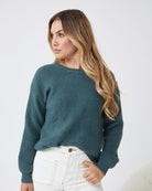 Front view of the Harvie Petrol Knit Jumper showing the classic round neckline and relaxed fit