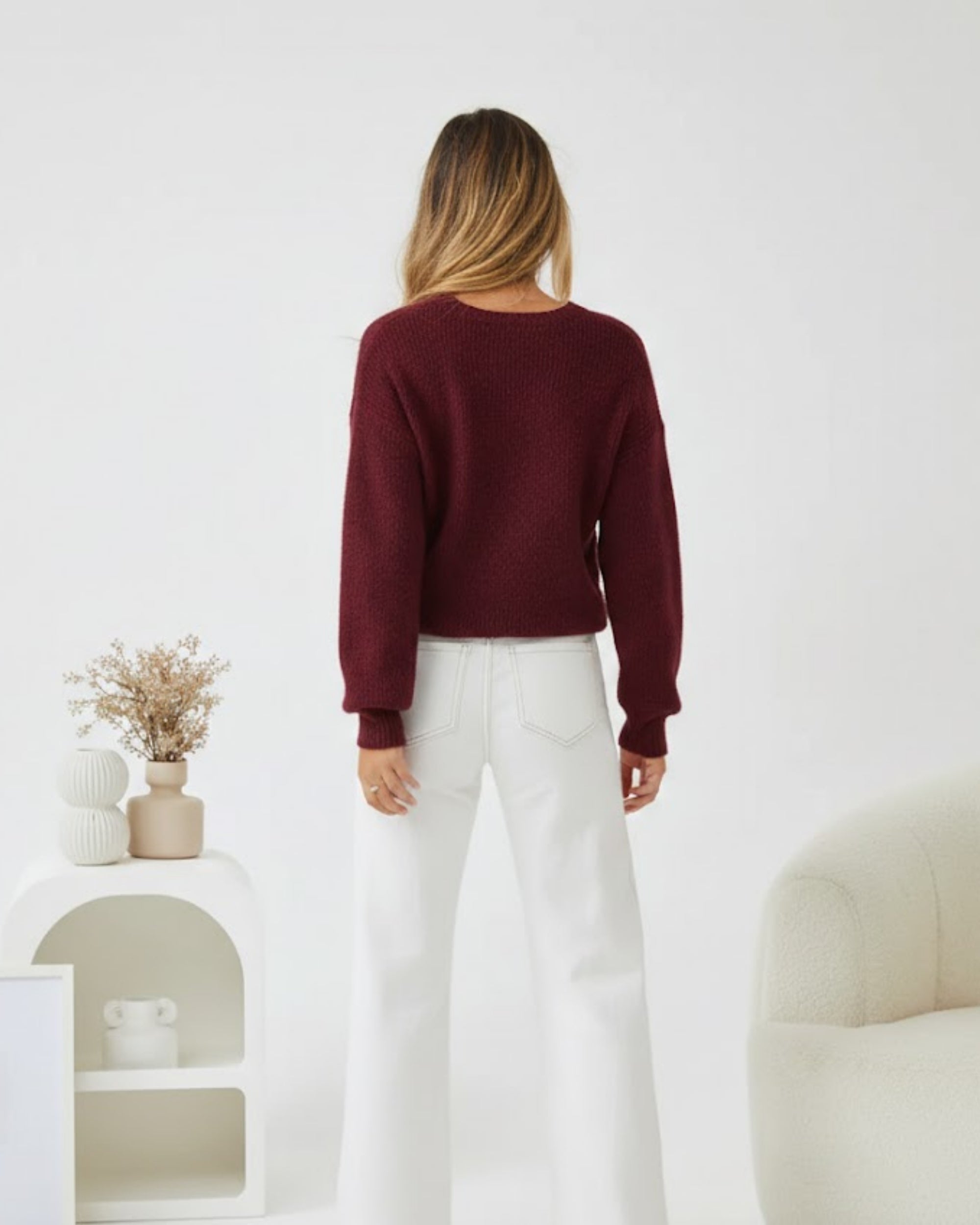 Harvie Knit in Wine womens deep wine wool blend knit back view
