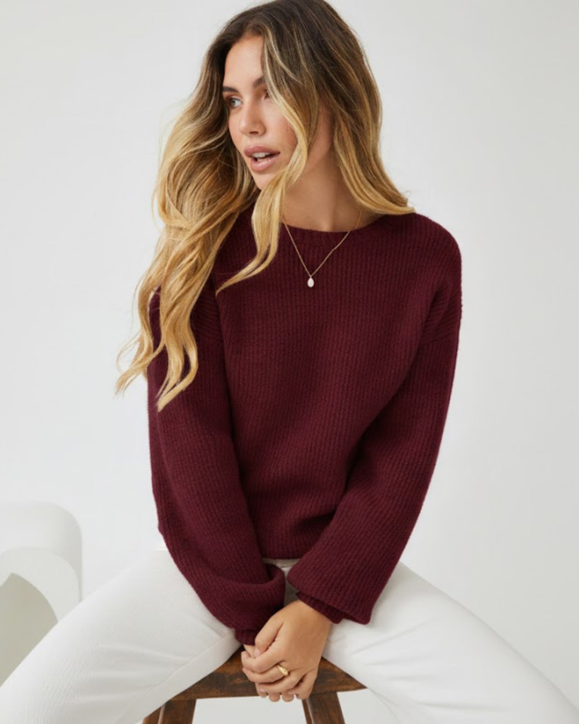 Harvie Knit in Wine wine round neck wool blend knit full length view