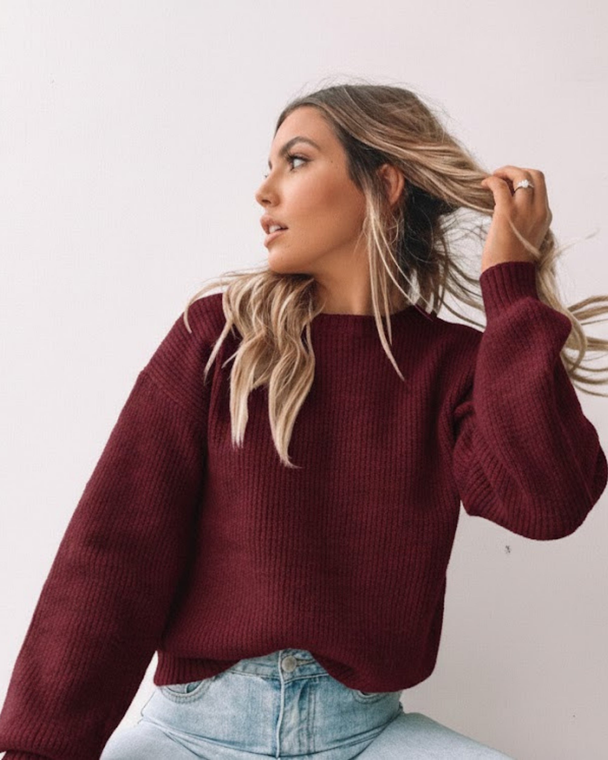 Harvie Knit in Wine womens wool blend jumper in deep wine front view
