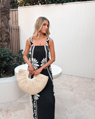 Holden Dress in Black Floral black and white floral linen maxi side view