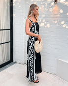 Holden Dress in Black Floral womens monochrome floral maxi close up detail